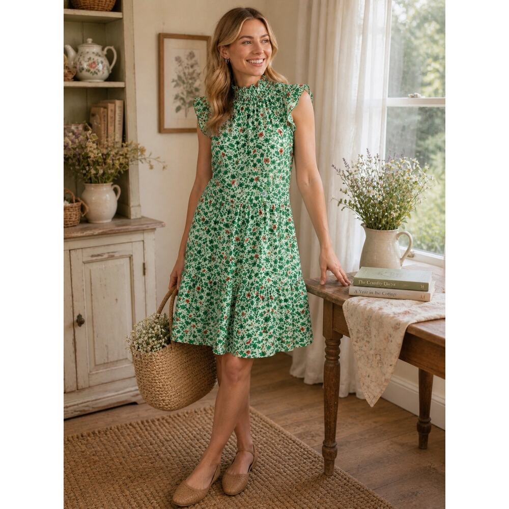 Melloday Women's Green Tiered Sleeveless Knee Length Dress with Smocked Neck. M.